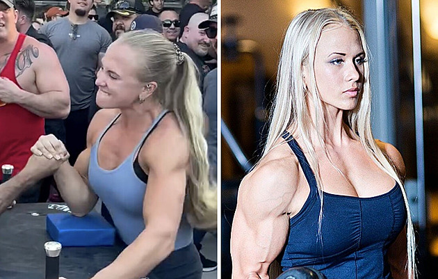 Žena poráží muže v páce, tělo má samý sval. Za jejím úspěchem je hlavně dřina